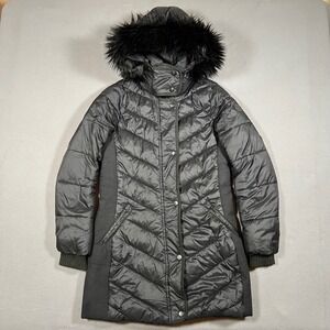 Vintage Abercrombie Fitch Fur Hood Puffer Jacket Womens Small Black‎ Y2K Parka
